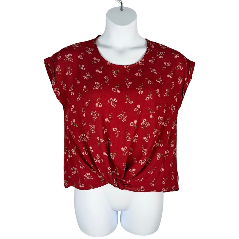 Hippie Rose‎ Blouse Womens Large Red Floral Chiffon Gathered Knotted Front Top